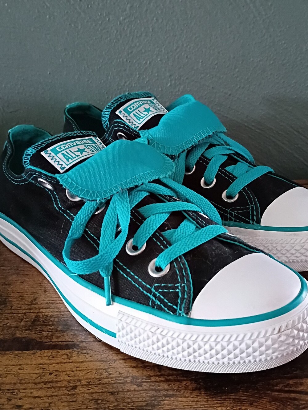 Converse All Star Double Tongue Chucks Womens 8 Low Top Black Teal Sneakers Shoe
